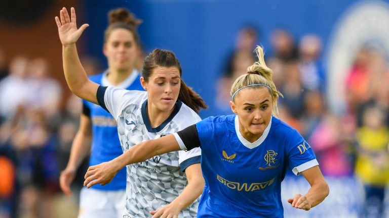 GLASGOW, SCOTLAND - MAY 08: Rangers' Sam Kerr (C) and Glasgow Citys' Maired Fulton (L) during a Park's Motor Group SWPL match between Rangers and Glasgow City  at The Rangers Training Centre, on May 08, 2022, in Glasgow, Scotland (Photo by Ross MacDonald / SNS Group)
