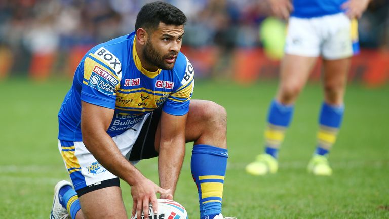 Picture by Matt West/SWpix.com - 07/08/2022 - Rugby League - Betfred Super League Round 22 - Leeds Rhinos v Salford Red Devils - Headingley Stadium, Leeds, England - Rhyse Martin of Leeds Rhinos lines up a try conversion
