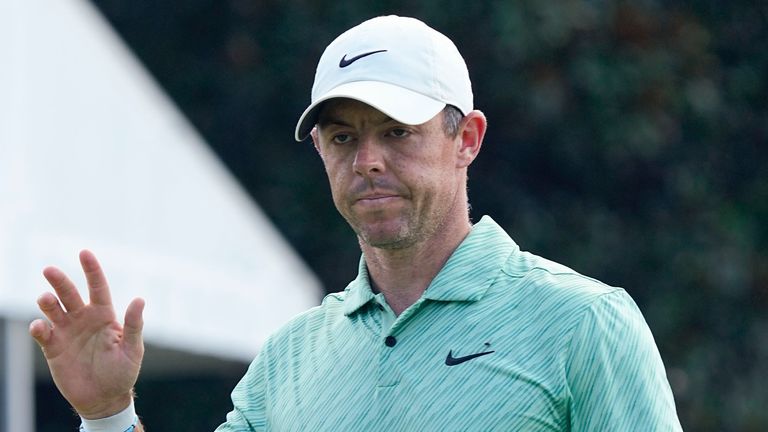 Rory McIlroy, of Northern Ireland, waves after his birdie putt on the seventh green during the final round of the Tour Championship golf tournament at East Lake Golf Club, Sunday, Aug. 28, 2022, in Atlanta. (AP Photo/Steve Helber)