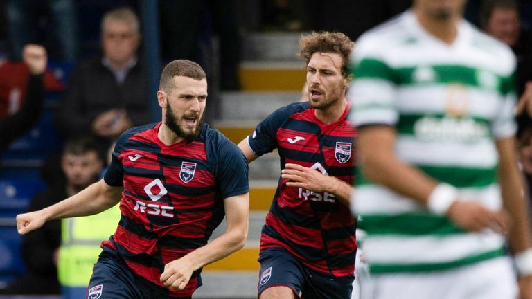 DINGWALL, SCOTLAND - AUGUST 06: Ross County's Alex Iacovitti celebrates scoring to make it 1-1 during a cinch Premiership match between Ross County and Celtic at the Global Energy Stadium, on August 06, 2022, in Dingwall, Scotland.  (Photo by Craig Williamson / SNS Group)