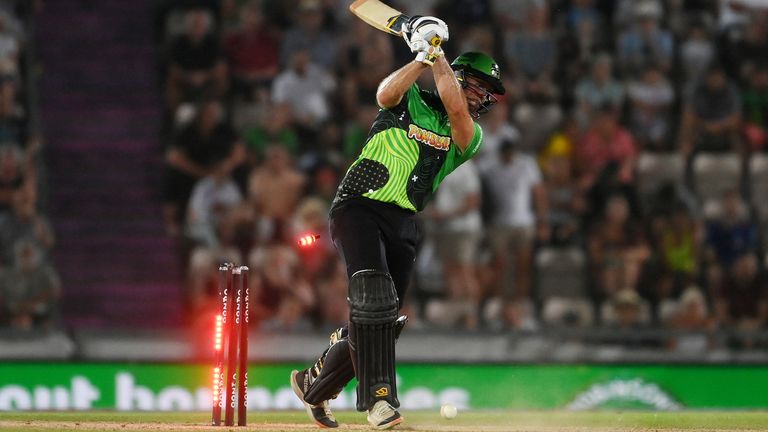 SOUTHAMPTON, ENGLAND - AUGUST 12: Ross Whiteley of Southern Brave Men is bowled by Jordan Thompson of London Spirit Men during the Hundred match between Southern Brave Men and London Spirit Men at The Ageas Bowl on August 12, 2022 in Southampton, England. (Photo by Mike Hewitt/Getty Images)