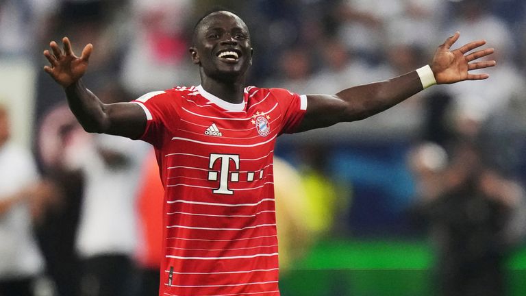 Bayern&#39;s Sadio Mane celebrates after the German Bundesliga soccer match between Eintracht Frankfurt and Bayern Munich in Frankfurt, Germany, Friday, Aug. 5, 2022. (AP Photo/Matthias Schrader)