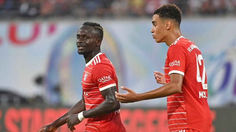 Sadio Mane and Jamal Musiala in action for Bayern Munich during the German Super Cup against RB Leipzig