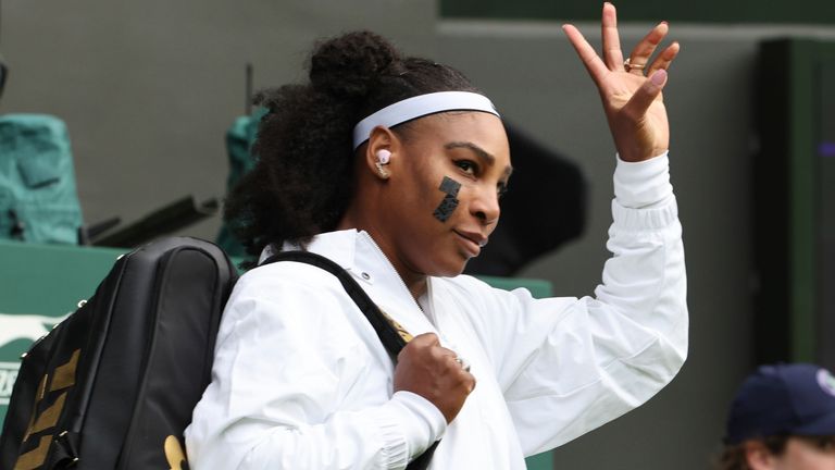 Serena Williams waves to the crowd at Wimbledon 2022