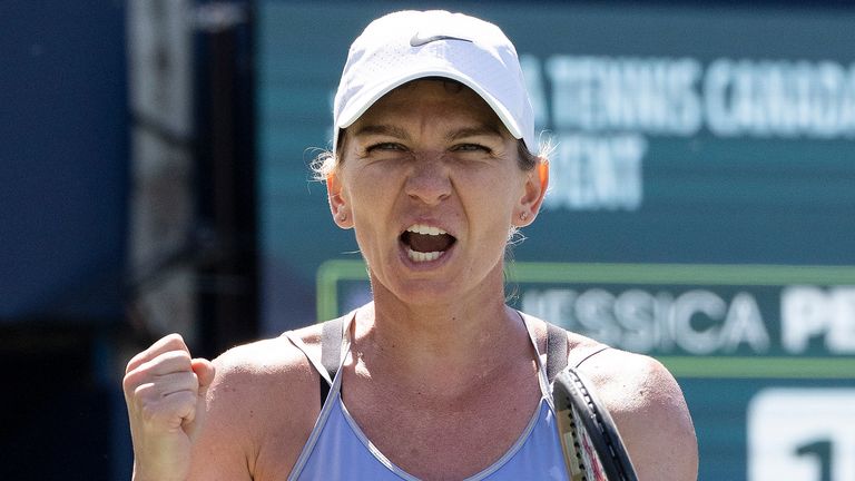 Romania&#39;s Simona Halep celebrates after beating United States&#39; Jessica Pegula during the Women&#39;s National Bank Open semi-final