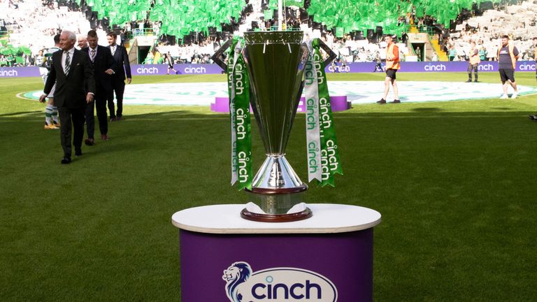 GLASGOW, SCOTLAND - JULY 31: The Cinch Premiership trophy during a cinch Premiership match between Celtic and Aberdeen at Celtic Park, on July 31, 2022, in Glasgow, Scotland.  (Photo by Alan Harvey / SNS Group)