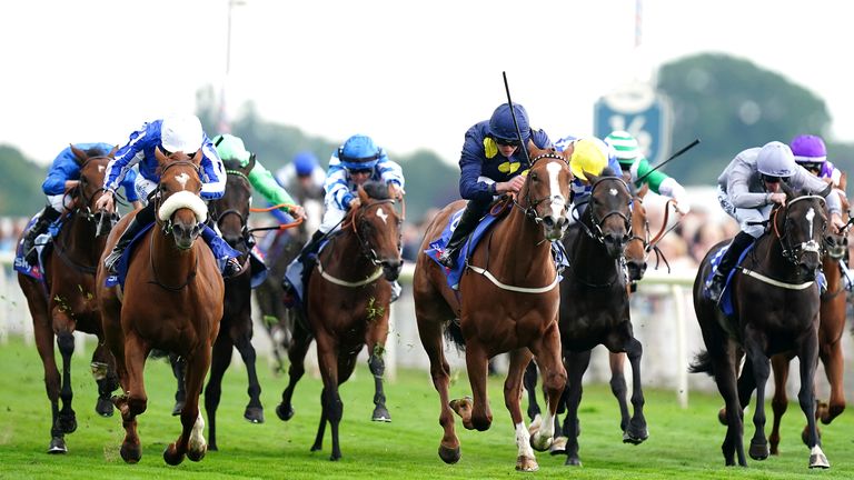 Swingalong (yellow and blue) comes through to win the Group Two Sky Bet Lowther Stakes at York
