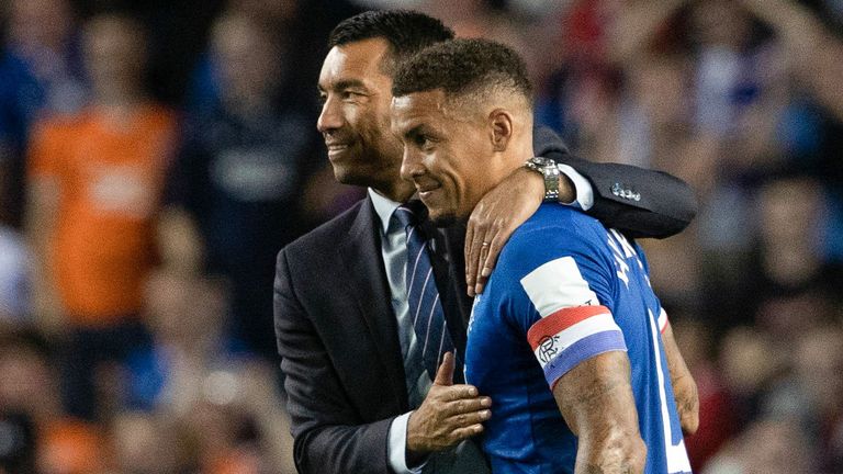 GLASGOW, SCOTLAND - AUGUST 09: Rangers' James Tavernier (R) and manager Giovanni van Bronckhorst at full time during a UEFA Champions League Third Qualifying Round match between Rangers and Royale Union Saint-Gilloise at Ibrox Stadium, on August 09, 2022, in Glasgow, Scotland.  (Photo by Alan Harvey / SNS Group)