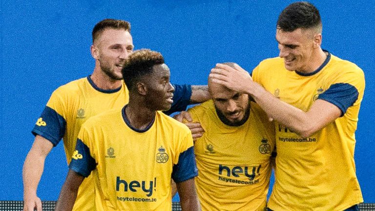 Union Saint-Gilloise&#39;s Teddy Teuma (centre) celebrates making it 1-0 during the UEFA Champions League Third Qualifying Round match between Union Saint-Gilloise and Rangers