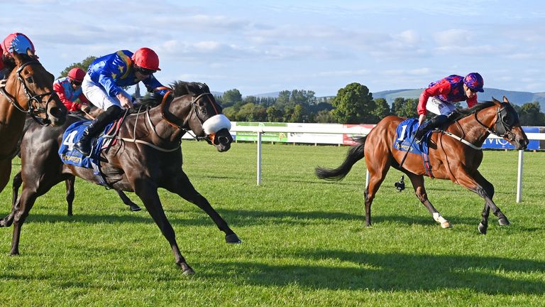 Tees Spirit and Barry McHugh (red cap) win the Listed Abergwaun Stakes