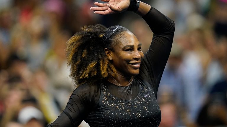 Serena Williams, of the United States, waves to the crowd after defeating Danka Kovinic, of Montenegro, during the first round of the US Open tennis championships, Monday, Aug. 29, 2022, in New York. (AP Photo/Charles Krupa)
