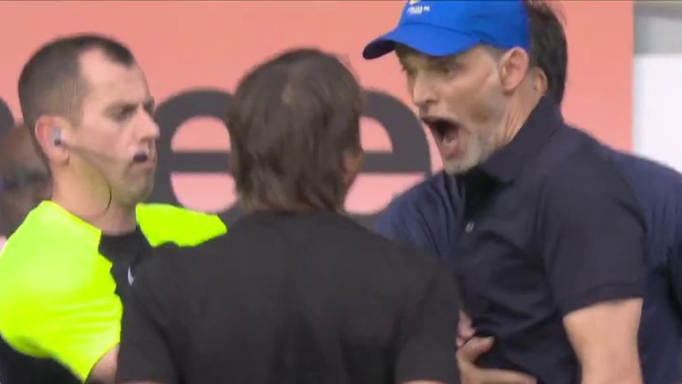 Thomas Tuchel protests to the fourth official after Tottenham equalise at Stamford Bridge