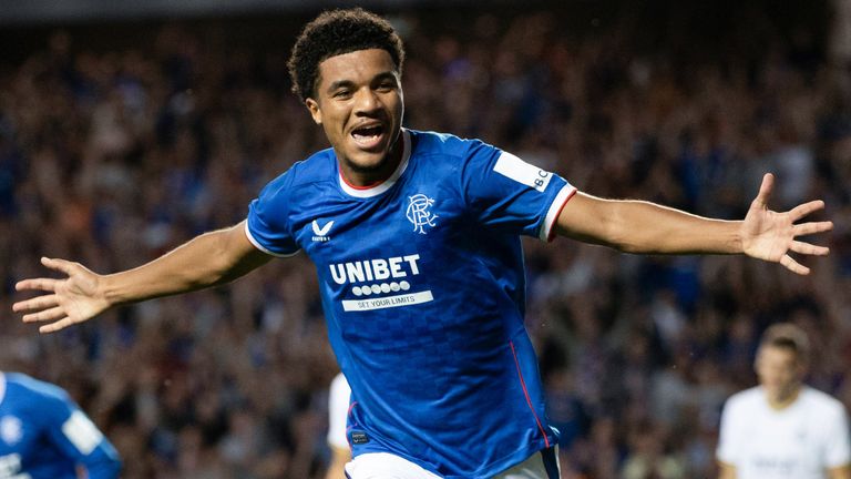 GLASGOW, SCOTLAND - AUGUST 09: Rangers' Malik Tillman celebrates scoring to make it 3-0 during a UEFA Champions League Third Qualifying Round match between Rangers and Royale Union Saint-Gilloise at Ibrox Stadium, on August 09, 2022, in Glasgow, Scotland.   (Photo by Craig Williamson / SNS Group)