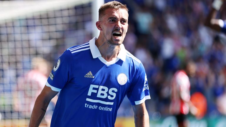 Timothy Castagne celebrates after scoring for Leicester against Brighton