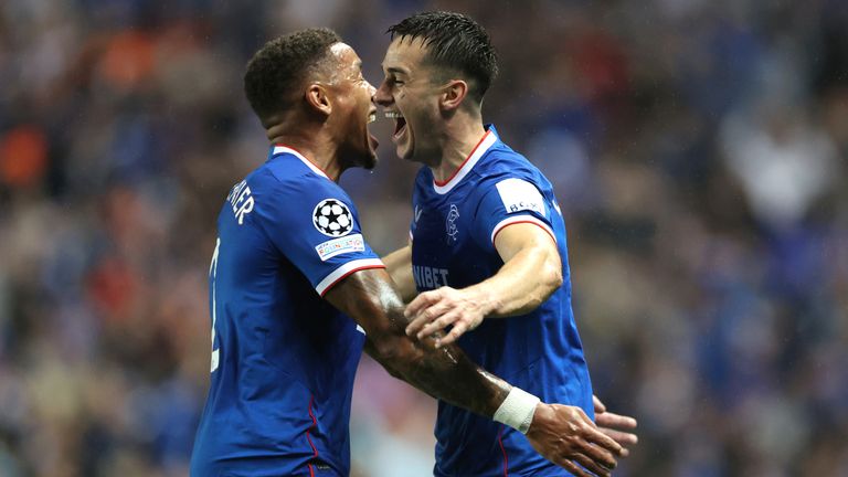 Rangers' Tom Lawrence (right) celebrates scoring against PSV Eindhoven