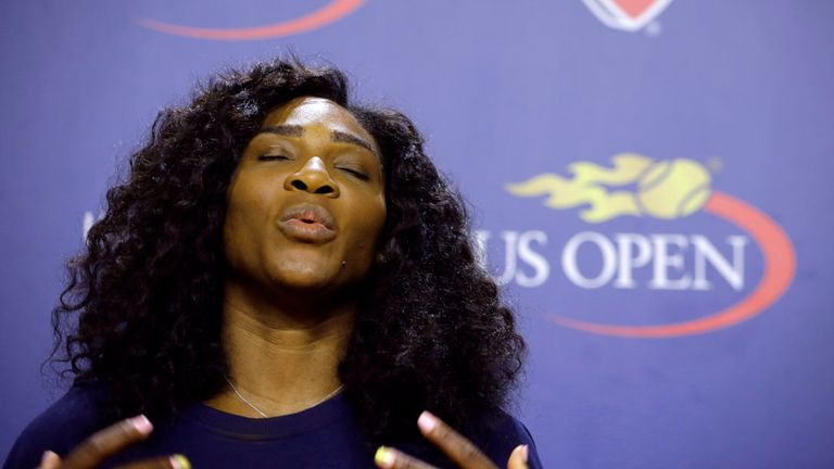 US Open tennis champion Serena Williams poses during a press conference at the Billie Jean King National Tennis Center USA in New York, Thursday, August 27, 2015. The US Open, the last Grand Slam tennis tournament, begins Monday.  Williams indicated that this would be the last event of her football career.  (AP Photo/Kathy Willens, file)