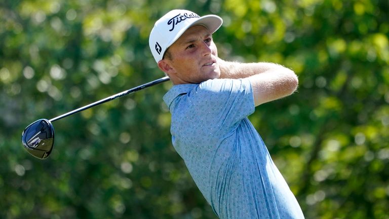 Will Zalatoris watches his shot on the 18th tee during the third round of the St. Jude Championship