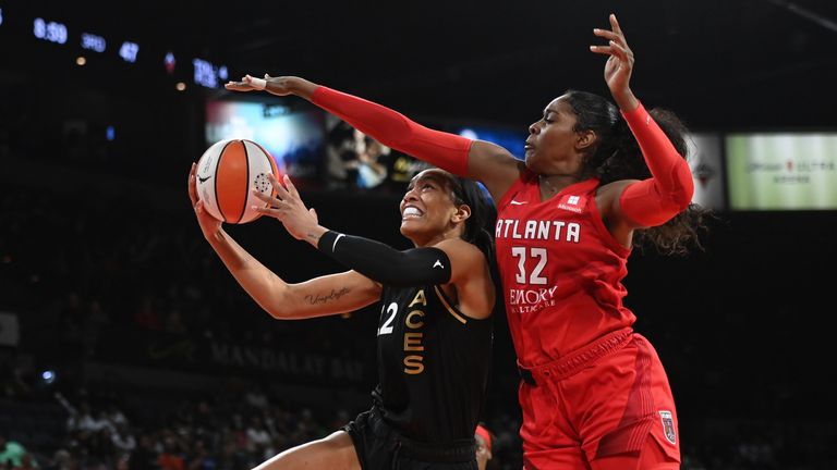 A&#39;ja Wilson #22 of the Las Vegas Aces drives to the basket during the game against the Atlanta Dream on August 9, 2022 at Michelob ULTRA Arena in Las Vegas, Nevada. 