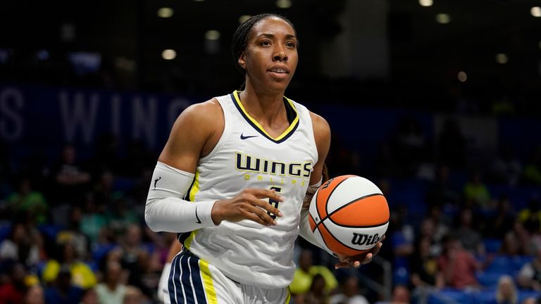 Dallas Wings&#39; Kayla Thornton looks to the bench during a WNBA basketball game against the Phoenix Mercury, Saturday, June 18, 2022, in Arlington, Texas.