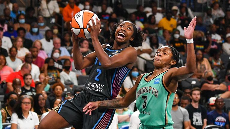 Atlanta guard Aari McDonald (2) drives to the basket during the WNBA game between the New York Liberty and the Atlanta Dream on August 12th, 2022 at Gateway Center Arena in College Park, GA. 