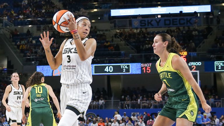 Seattle Storm forward Stephanie Talbot (7) guards Chicago Sky forward Candace Parker (3) during a WNBA game between the Seattle Storm and the Chicago Sky on August 9, 2022, at Wintrust Arena in Chicago, IL.