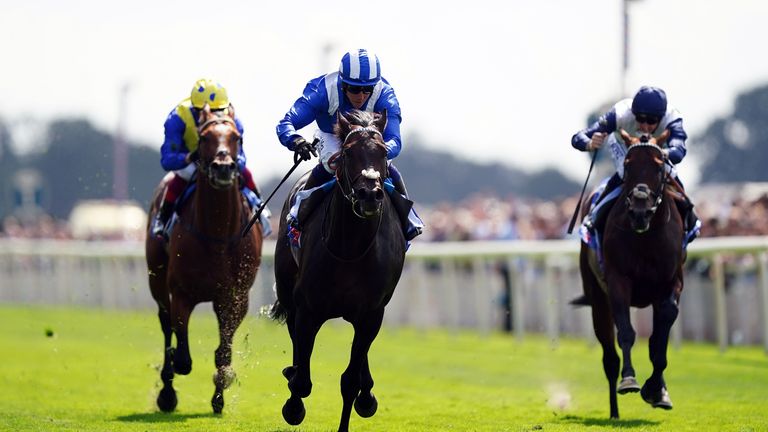 Alflaila and Jim Crowley win the Group Three Strensall Stakes at York