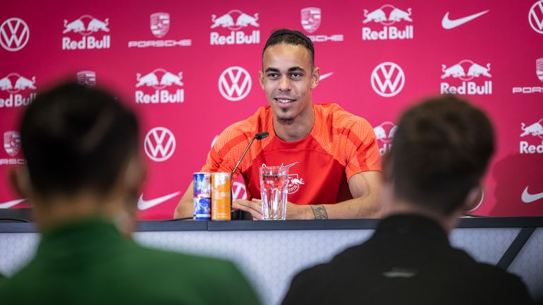 Yussuf Poulsen in a press conference for the international media at RB Leipzig's academy {Credit: DFL]