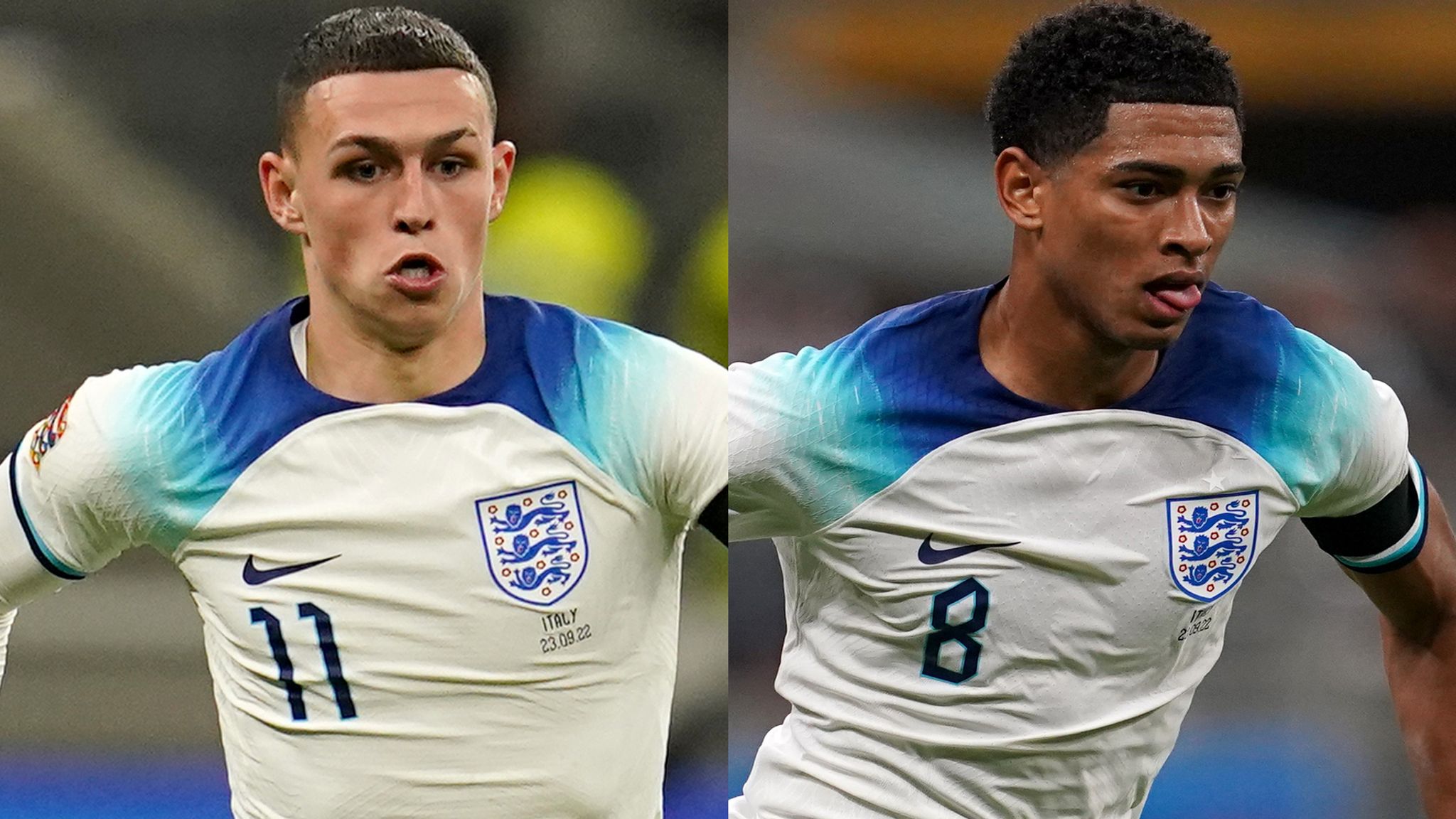  On the left, Phil Foden is playing soccer for England. On the right, Jude Bellingham is playing soccer for England.