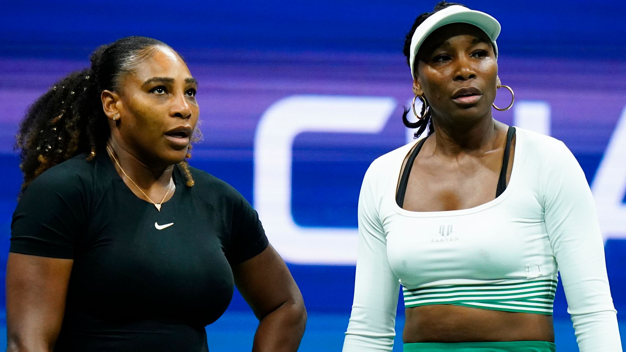 Serena Williams, left, and Venus Williams, of the United States, during the...