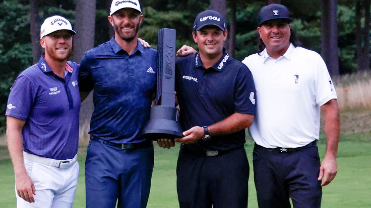 BOLTON, MA - SEPTEMBER 04: A three-peat for The 4 Aces GC: Talor Gooch, captain Dustin Johnson, Patrick Reed, and Pat Perez after the final round on Day 3 of the LIV Golf Invitational Series Boston on September 4, 2022, at The International in Bolton, Massachusetts. (Photo by Fred Kfoury III/Icon Sportswire) (Icon Sportswire via AP Images)