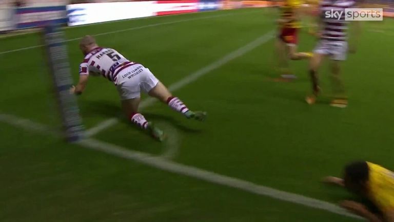 Wigan's attack is clicking into gear as Jai Field draws in the defence before releasing the pass to Marshall on the left for the winger to finish for his 20th try of the season