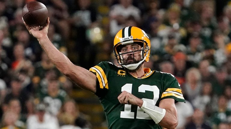 Green Bay Packers quarterback Aaron Rodgers throws a pass during the first half of an NFL football game against the Chicago Bears Sunday, Sept. 18, 2022, in Green Bay, Wis. (AP Photo/Morry Gash)