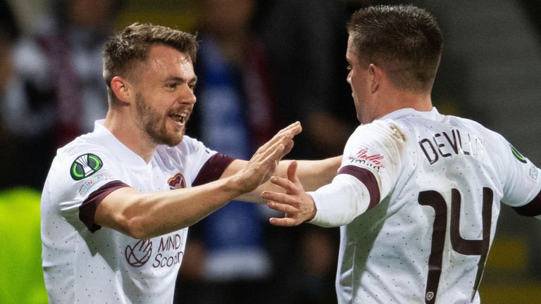 Hearts' Alan Forrest celebrates scoring to make it 2-0 in Latvia