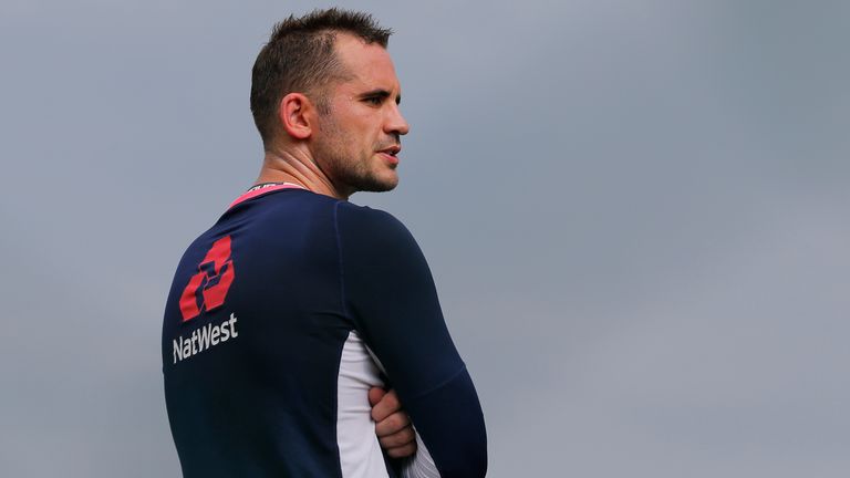 England's Alex Hales watches teammates as rain hover in the sky during a practice session ahead of their second one-day international cricket match with Sri Lanka in Dambulla, Sri Lanka, Friday, Oct. 12, 2018. (AP Photo/Eranga Jayawardena)