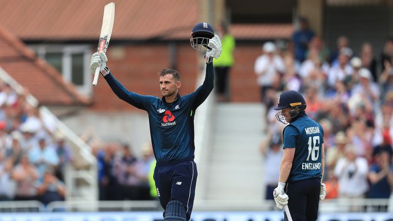 England's Alex Hales celebrates his century during the One Day International match at Trent Bridge, Nottingham. PRESS ASSOCIATION Photo. Picture date: Tuesday June 19, 2018. See PA story CRICKET England. Photo credit should read: Mike Egerton/PA Wire. RESTRICTIONS: Editorial use only. No commercial use without prior written consent of the ECB. Still image use only. No moving images to emulate broadcast. No removing or obscuring of sponsor logos.