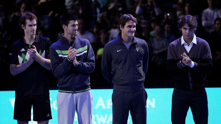 Andy Murray of Great Britain, Novak Djokovic of Siberia, Roger Federer of Switzerland and Rafael Nadal of Spain attend a ceremony for Carlos Moya&#39;s retirement during the Barclays ATP World Tour Finals at O2 Arena on November 21, 2010 in London, England.