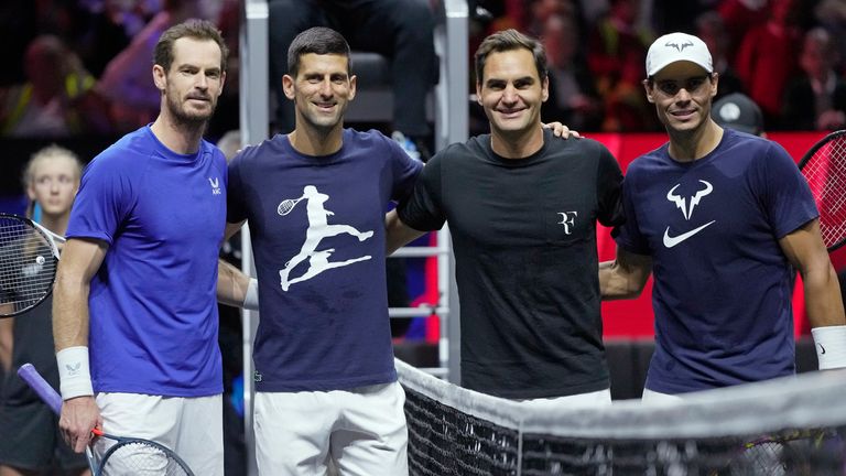 From left, Britain's Andy Murray, Serbia's Novak Djokovic, Switzerland's Roger Federer and Spain's Rafael Nadal attend a training session ahead of the Laver Cup tennis tournament at the O2 in London, Thursday, Sept. 22, 2022. (AP Photo/Kin Cheung)