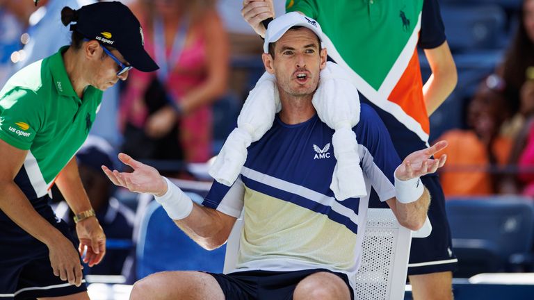 Andy Murray of Great Britain communicate with his team during his match against Emilio Nava of the United States in the second round of the men's singles in the US Open at the USTA Billie Jean King National Tennis Center on August 31, 2022 in New York City. (Photo by Frey/TPN/Getty Images)