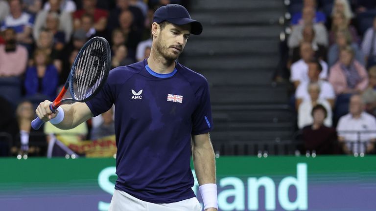 Andy Murray of Great Britain reacts emotionally at the end of the second set during the Group D Davis Cup match between England and the Netherlands at Emirates Arena on September 16, 2022 in Glasgow, Scotland.  (Photo by Ian MacNicol / Getty Images for LTA)