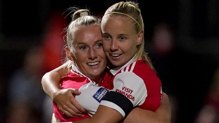  Stina Blackstenius is hugged by Beth Mead after scoring Arsenal's second against Brighton