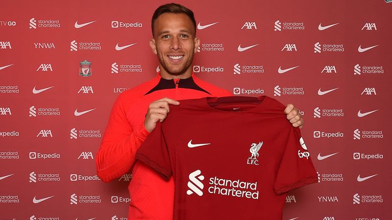 New loan signing Arthur Melo poses with a Liverpool shirt