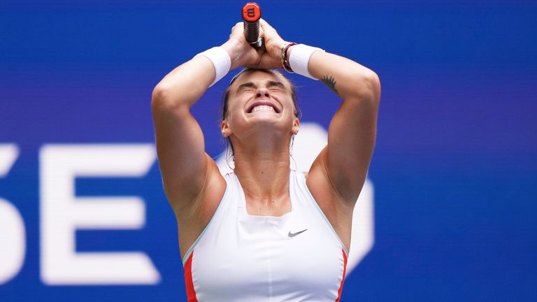 Aryna Sabalenka reacts during a women's singles quarterfinal match at the 2022 US Open on Wednesday, September 7, 2022 in Flushing, NY.  (Darren Carroll/USTA via AP)