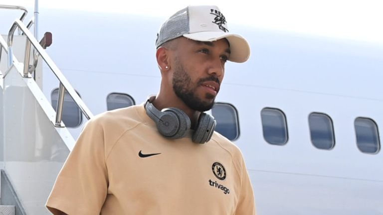 ZAGREB, CROATIA - SEPTEMBER 05: Christian Pulisic and Pierre-Emerick Aubameyang of Chelsea as they arrive in Croatia ahead of their UEFA Champions League group E match against Dinamo Zagreb at Zagreb International Airport on September 5, 2022 in Zagreb, Croatia. (Photo by Darren Walsh/Chelsea FC via Getty Images)