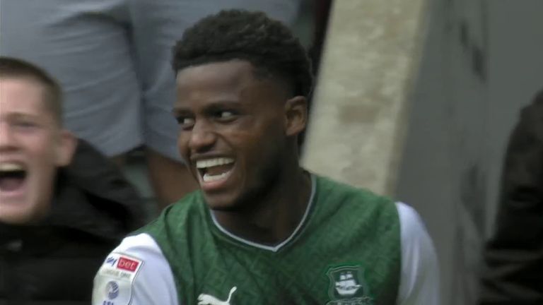 Bali Mumba celebrates after equalising for Plymouth