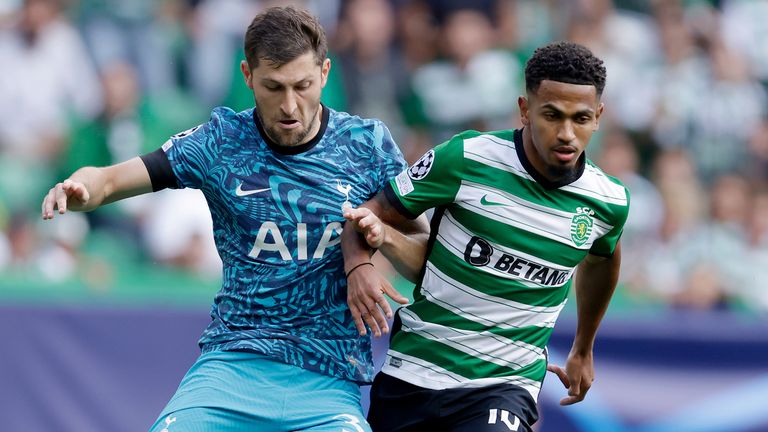 Tottenham&#39;s Ben Davies and Sporting Lisbon&#39;s Marcus Edwards during Champions League match