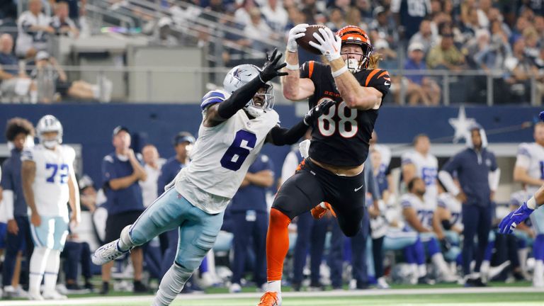 Dallas Cowboys safety Donovan Wilson (6) breaks up a pass intended for Cincinnati Bengals tight end Hayden Hurst (88) during the second half of an NFL football game Sunday, Sept. 18, 2022, in Arlington, Tx.