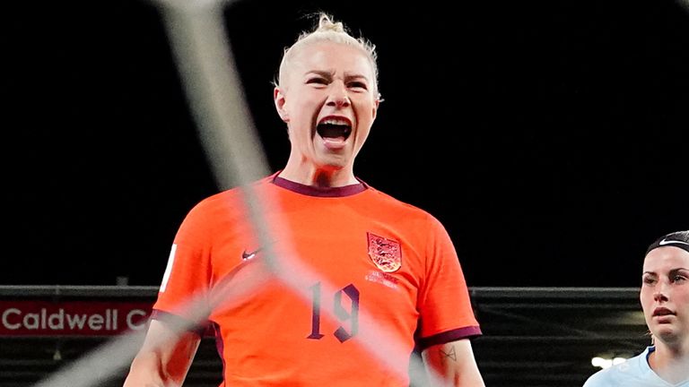 Bethany England celebrates her opening goal for England in the second half