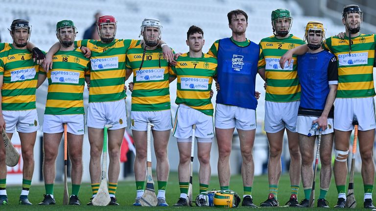 10 October 2021; The Blackrock team stand for Amhr..n na bhFiann before the Cork County Senior Club Hurling Championship Round 3 match between Blackrock and St Finbarr's at Pairc Ui Chaoimh in Cork. Photo by Brendan Moran/Sportsfile