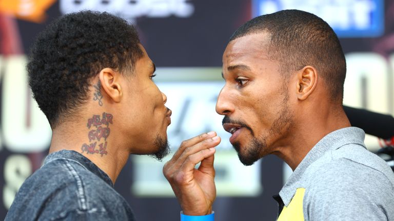 NEWARK, NJ - SEPTEMBER 21: Shakur Stephenson (left) and Robson Koncy....o (right) face off during the press conference before their WBC and WBO Lightweight Championship fight at the Prudential Center on September 21, 2022 in Newark, New Jersey.  (Photo by Mickey Williams/Top Rank Inc via Getty Images) 