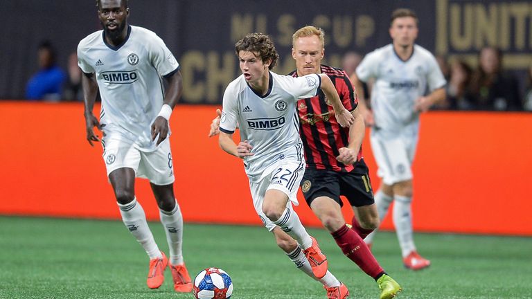 Philadelphia's Brenden Aaronson (22) moves the ball up the field during the MLS match between Philadelphia Union and Atlanta United FC on March 17th, 2019 at Mercedes Benz Stadium in Atlanta, GA. 